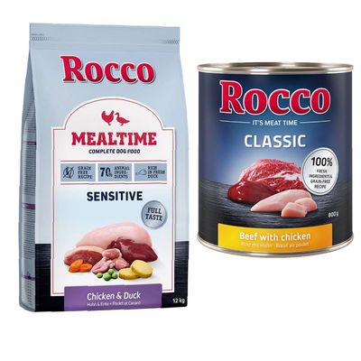 Rocco Kombi-Paket: Mealtime Trockenfutter + Classic Nassfutter 12 kg Sensitive Huhn & Ente + 24 x 800 g Rind mit Geflügelherzen