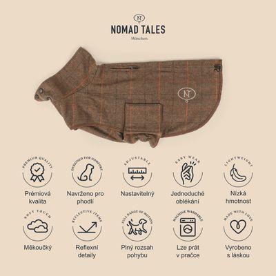Nomad Tales München hnědý psí kabátek s kapsou, text: Prémiová kvalita, Navrženo pro pohodlí, Nastavitelný, Jednoduché oblékání, Nízká hmotnost, Měkoučký, Reflexní detaily, Plný rozsah pohybu, Lze prát v pračce, Vyrobeno s láskou.