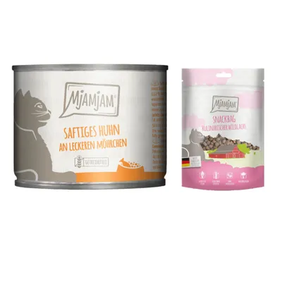 MjAMjAM Kombi-Paket: 12 x 200 g Nassfutter + 3 x 125 g Snackbag kulinarischer Wildlachs - saftiges Huhn an leckeren Möhrchen 12 x 200 g + Snackbag kulinarischer Wildlachs 3 x 125 g
