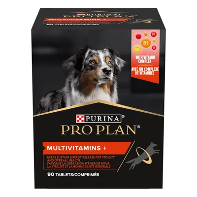 Purina Pro Plan Multivitamins+ for dogs, 90 tablets. With vitamin complex B1, B2, B5, B12. Helps sustain energy release for vitality and overall health. Dog image on black box.