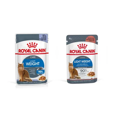 Royal Canin Care Light Weight kissan märkäruoka, 85 g annospussit. Pakkauksessa näkyy kissa ja teksti: 'Proven results – yli 90 % kissoista', englanniksi.