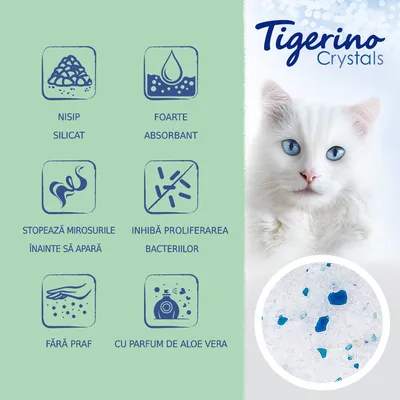 Tigerino Crystals. Nisip silicat, foarte absorbant, stopează mirosurile înainte să apară, inhibă proliferarea bacteriilor, fără praf, cu parfum de aloe vera.