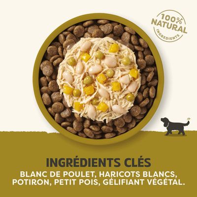 100 % d'ingrédients naturels. Ingrédients principaux : blanc de poulet, haricots blancs, potiron, pois, gélifiant végétal.