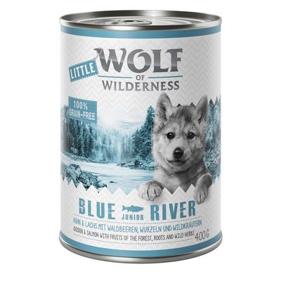 Boîte Wolf of Wilderness Little Blue River Junior, 100 % grain-free, poulet et saumon avec fruits des bois, racines et herbes sauvages, 400 g