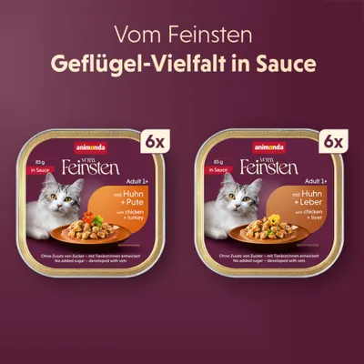 animonda Vom Feinsten Geflügel-Vielfalt in Sauce: 6x Huhn + Pute, 6x Huhn + Leber, jeweils 85g, ohne Zuckerzusatz, mit Tierärztinnen entwickelt. animonda Vom Feinsten Geflügel-Vielfalt in Sauce: 6x Huhn + Pute, 6x Huhn + Leber, jeweils 85g, ohne Zuckerzusatz, mit Tierärztinnen entwickelt.