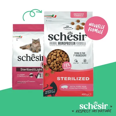 Schesir Animal Monoprotein Formula Sterilized avec jambon de porc, 38% de protéine, faible en matières grasses, sans céréales, nouvelle formule, 400 g. Avec antioxydant naturel, sans additifs. Schesir Animal Monoprotein Formula Sterilized avec jambon de porc, 38% de protéine, faible en matières grasses, sans céréales, nouvelle formule, 400 g. Avec antioxydant naturel, sans additifs.