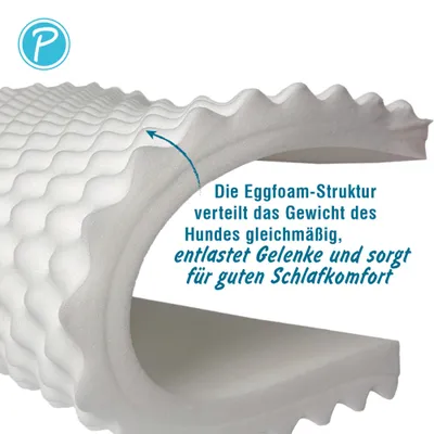 De eggfoam-structuur verdeelt het gewicht van de hond gelijkmatig, ontlast de gewrichten en zorgt voor een goed slaapcomfort.