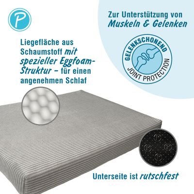 Liegefläche aus Schaumstoff mit spezieller Eggfoam-Struktur für angenehmen Schlaf, rutschfeste Unterseite, gelenkschonend zur Unterstützung von Muskeln und Gelenken.