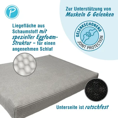 Surface de couchage en mousse avec structure spéciale en forme d’œuf pour un sommeil agréable, dessous antidérapant, ménage les articulations pour soutenir les muscles et les articulations.