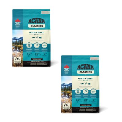 ACANA Classics Red Meat Recipe, wyprodukowana z wołowiny, wieprzowiny i jagnięciny. 50% składników pochodzenia zwierzęcego, 0% sztucznych dodatków. Opakowanie produktu z krajobrazem.