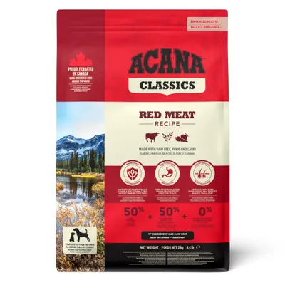 ACANA Classics Red Meat Recipe, wyprodukowana z surową wołowiną, wieprzowiną i jagnięciną. Pełnoporcjowa karma dla psów wszystkich ras i na każdym etapie życia. Masa netto 2 kg. ACANA Classics Red Meat Recipe, wyprodukowana z surową wołowiną, wieprzowiną i jagnięciną. Pełnoporcjowa karma dla psów wszystkich ras i na każdym etapie życia. Masa netto 2 kg.