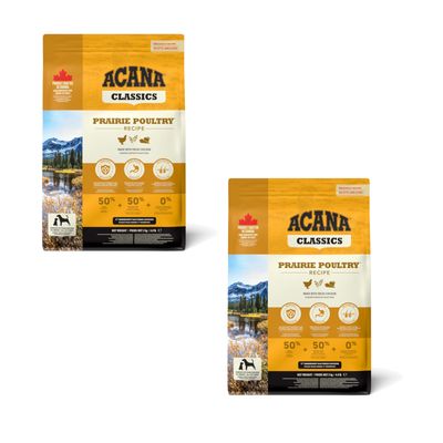 ACANA Classics Red Meat Recipe, wyprodukowana z wołowiny, wieprzowiny i jagnięciny. 50% składników pochodzenia zwierzęcego, 0% sztucznych dodatków. Opakowanie produktu z krajobrazem.