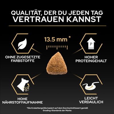Krokettengröße 13,5 mm, ohne zugesetzte Farbstoffe, hoher Proteingehalt, hohe Nährstoffaufnahme, leicht verdaulich. Qualität, der du jeden Tag vertrauen kannst.