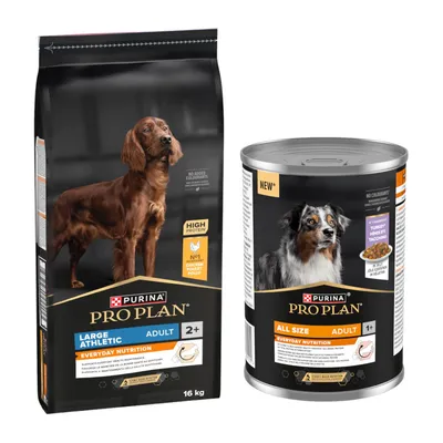 PURINA PRO PLAN Large Athletic Adult tørfoder med kylling, 16 kg, og PRO PLAN All Size Adult vådfoder med kalkun, synlige produktemballager. PURINA PRO PLAN Large Athletic Adult tørfoder med kylling, 16 kg, og PRO PLAN All Size Adult vådfoder med kalkun, synlige produktemballager.