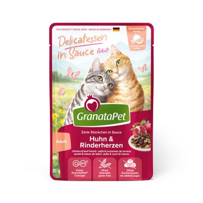 GranataPet Delicatessen in Sauce Adult Pollo PUR, teneri bocconcini in salsa, senza cereali, senza zuccheri aggiunti, con semi di melograno, Made in Germany.
