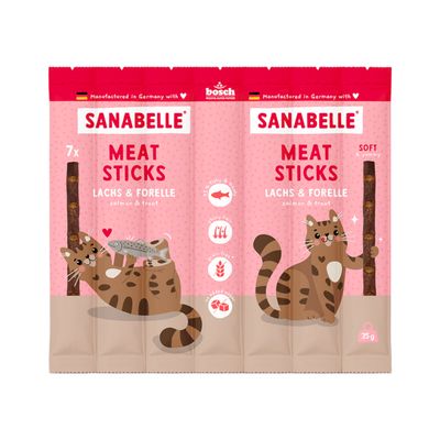 Sanabelle Meat Sticks Lachs & Forelle, 7 Stück, soft, ohne Getreide, ohne Zuckerzusatz, hergestellt in Deutschland, 35g Packung.