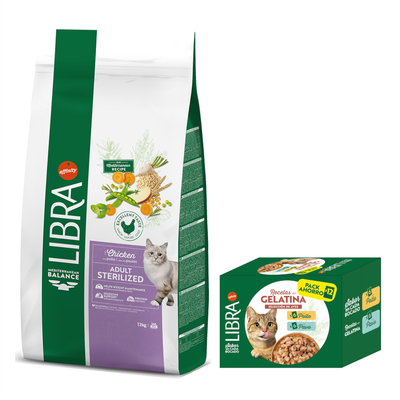 Libra Adult comida para gatos con pollo, receta mediterránea, 12 kg. Contiene Digestive Wellbeing y Protein Balance. En la imagen: gato e ingredientes como zanahorias, cereales, hierbas.