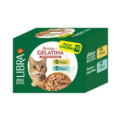 LIBRA Recetas en Gelatina, selección de aves: 6x pollo, 6x pavo. Pack Ahorro 12. Sabor en cada bocado.