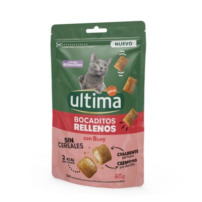 ultima Filled Bites with Beef, grain-free, 2 kcal per snack, crunchy on the outside, creamy on the inside, 60g, free from colourings, artificial flavours and added sugars.