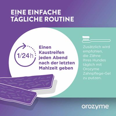 Einen Kaustreifen jeden Abend nach der letzten Mahlzeit geben. Zusätzlich tägliche Zahnpflege mit Orozyme Zahnpflege-Gel empfohlen.