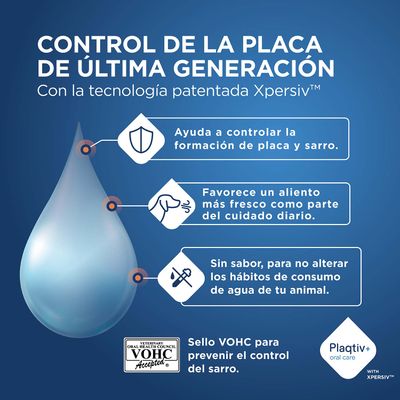 Plagtiv+ cuidado oral con tecnología Xpersiv. Controla la placa y el sarro, proporciona un aliento fresco, sin sabor, sello VOHC para la prevención del sarro.