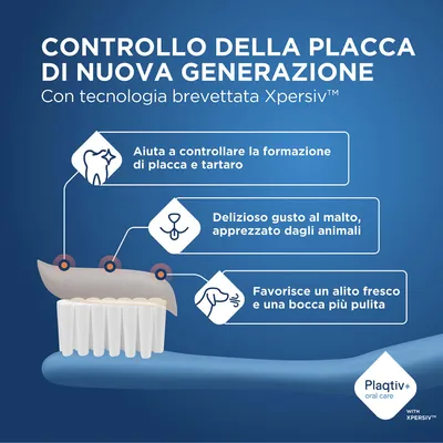 Plaqtiv oral care con tecnologia Xpersiv. Controlla la placca e il tartaro, gusto di malto, favorisce un alito fresco e una cavità orale pulita. Plaqtiv oral care con tecnologia Xpersiv. Controlla la placca e il tartaro, gusto di malto, favorisce un alito fresco e una cavità orale pulita.