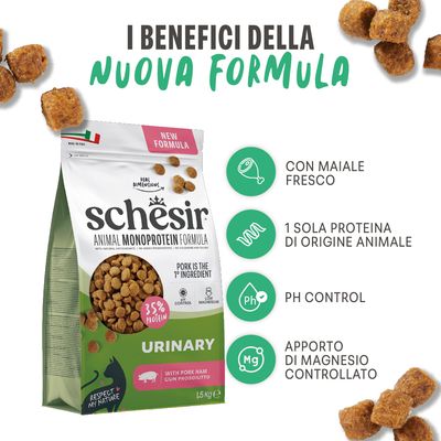 Schesir Animal Monoprotein Formula Urinary con maiale fresco, solo una fonte di proteine animali, controllo del pH, contenuto di magnesio controllato. Confezione da 1,5 kg visibile.