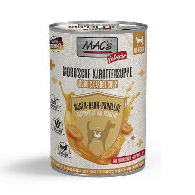 mac's vetcare zuppa di carote secondo Moro, problemi gastrointestinali, senza cereali, vegetariana, raccomandata dai veterinari, senza coloranti, senza test sugli animali, Made in Germany.