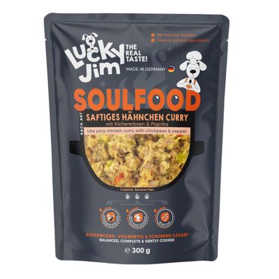 Lucky Jim Soulfood soczyste curry z kurczaka z ciecierzycą i papryką, zbilansowane, pełnowartościowe, delikatnie gotowane, 300 g, wyprodukowane w Niemczech.