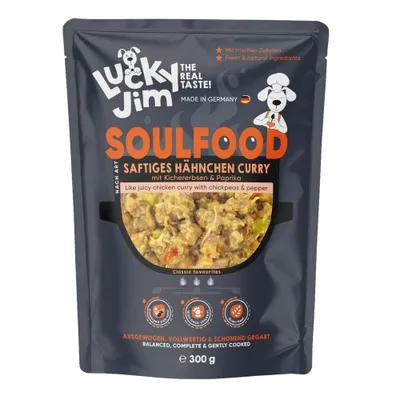 Lucky Jim Soulfood sappige kipcurry met kikkererwten en paprika, uitgebalanceerd, volwaardig, voorzichtig bereid, 300g, Made in Germany.