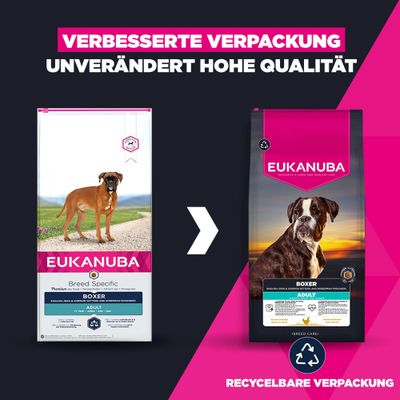 Eukanuba Boxer Adult Hundefutter mit verbesserter, recycelbarer Verpackung. Unverändert hohe Qualität. Links alte, rechts neue Verpackung abgebildet.