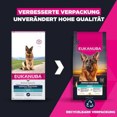 Eukanuba German Shepherd Adult: Neue recycelbare Verpackung, unverändert hohe Qualität. Vergleich alte und neue Packung.