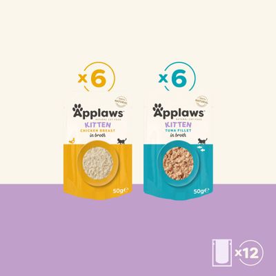 Applaws Kitten Csirkemell húslevesben 6x,50g és Applaws Kitten Tonhalfilé húslevesben 6x,50g, összesen 12 adag tasak.