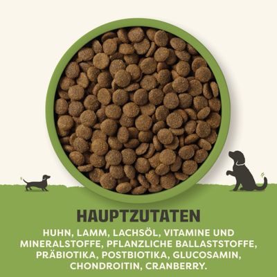 Hauptzutaten: Huhn, Lamm, Lachsöl, Vitamine und Mineralstoffe, pflanzliche Ballaststoffe, Präbiotika, Postbiotika, Glucosamin, Chondroitin, Cranberry.