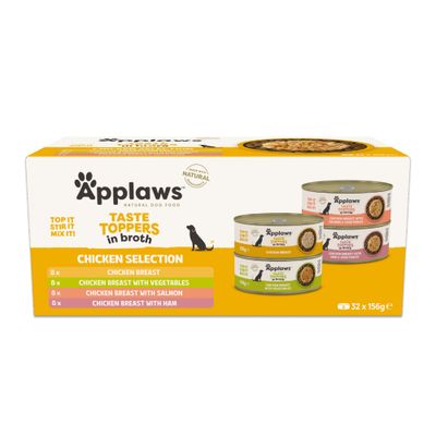 Applaws Taste Toppers in Broth Chicken Selection: 8x Chicken Breast, 8x with Vegetables, 8x with Salmon, 8x with Ham. 32 cans, each 156g.