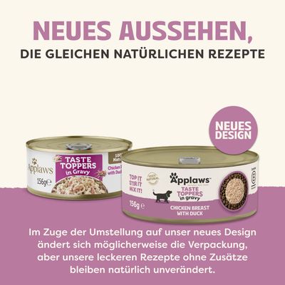Neues Aussehen, die gleichen natürlichen Rezepte. Applaws Taste Toppers in Gravy, Chicken Breast with Duck, 156g. Neues Design, Rezept bleibt unverändert.