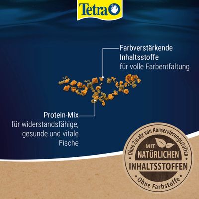 Tetra. Farbverstärkende Inhaltsstoffe für volle Farbpracht, Protein-Mix für gesunde Fische, mit natürlichen Inhaltsstoffen, ohne Konservierungsstoffe und Farbstoffe.