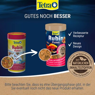 Tetra Rubin Flakes mit verbesserter Rezeptur und neuem Design, ohne Zusatz von Konservierungsstoffen, mit natürlichen Inhaltsstoffen, ohne Farbstoffe.