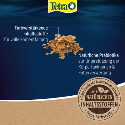 Tetra. Farbverstärkende Inhaltsstoffe für volle Farbpracht, natürliche Präbiotika zur Unterstützung der Körperfunktionen und Futterverwertung, ohne Konservierungsstoffe, ohne Farbstoffe.