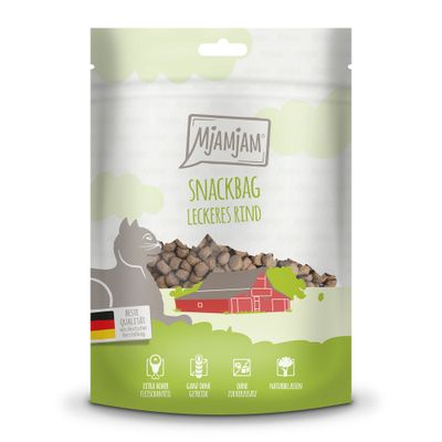 Mjamjam Snackbag kulinarny dziki łosoś. Najwyższa jakość z niemieckiej produkcji. Duża ilość ryby, bez zbóż, bez dodatku cukru, naturalny.