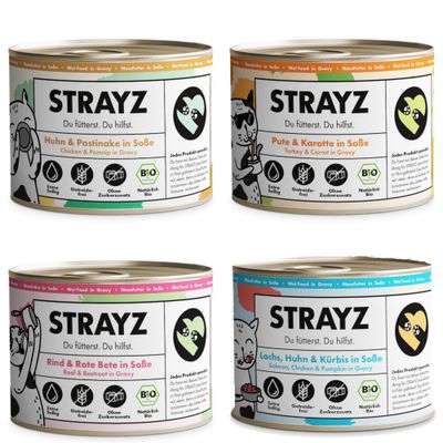 STRAYZ Nötkött & Rödbeta i sås, Extra Såsig, Spannmålsfri, Utan tillsatt socker, Naturligt ekologisk. Du matar. Du hjälper. Varje produkt bidrar.