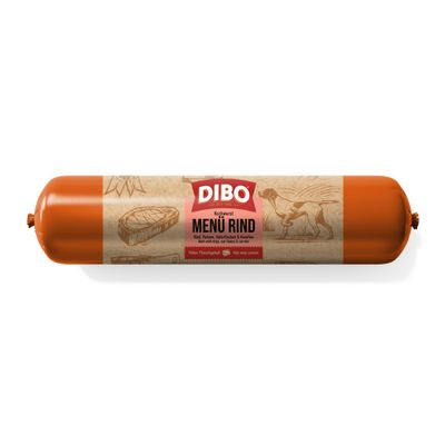 DIBO Menü Rind Kochwurst mit Rind, Pansen, Haferflocken und Karotten. Hoher Fleischgehalt. High meat content.