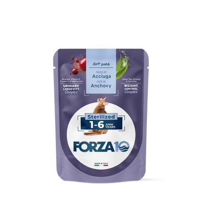 FORZA10 Soft Paté, reich an Ente, für sterilisierte Katzen 1-6 Jahre. Urinary Longevity Complex mit Cranberry, Weight Control Complex mit Grüntee. Made in Italy.