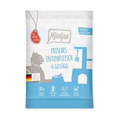 Mjamjam Frisches Entenfleisch & Geflügel, mit Frischfleisch, knusprige Mahlzeiten, 80% tierisches Protein, getreidefrei, ausreichend Taurin, sehr hohe Akzeptanz, deutsche Herstellung.