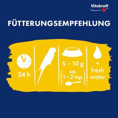 Fütterungsempfehlung: 24 h, 5–10 g bzw. ca. 1–2 Teelöffel Futter und frisches Wasser für einen Vogel. Marke Vitakraft.