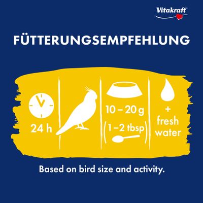 Recommandation d’alimentation : 24 h, 10–20 g (1–2 cuillères à soupe) d’aliment et de l’eau fraîche, selon la taille et l’activité de l’oiseau.