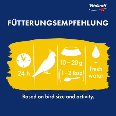 Voedingsadvies: 24 uur, 10–20 g (1–2 eetlepels) voer en vers water, afhankelijk van de grootte en activiteit van de vogel. Voedingsadvies: 24 uur, 10–20 g (1–2 eetlepels) voer en vers water, afhankelijk van de grootte en activiteit van de vogel.