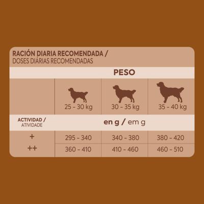 Tabla de alimentación para perros: ración diaria recomendada en gramos según el peso (25, 40 kg) y el nivel de actividad (+, ++).