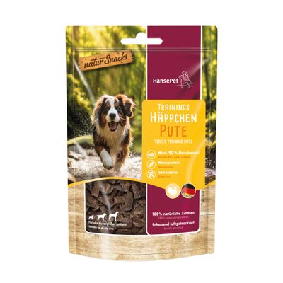 HansePet Training Bites Turkey, min. 90% meat content, monoprotein, grain-free, 100% natural ingredients, gently air-dried, suitable for all dog sizes.