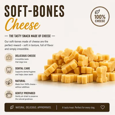 Soft-Bones Cheese Snack av 100 % ost, stödjer tandvård, utan tillsatser, varsamt lufttorkad. Naturligt, läckert godis.
